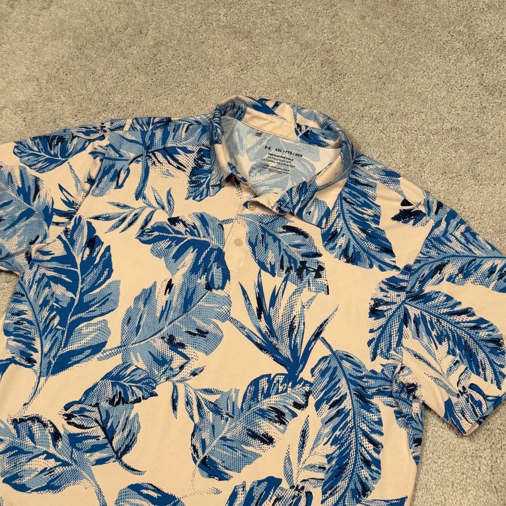 Under Armour Playoff‎ Polo Mens XXL Blue Peach Tropical Palm Golf Shirt